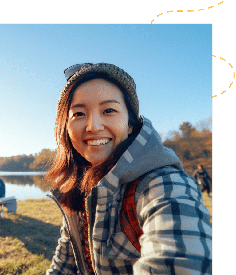 young asian woman happy camping