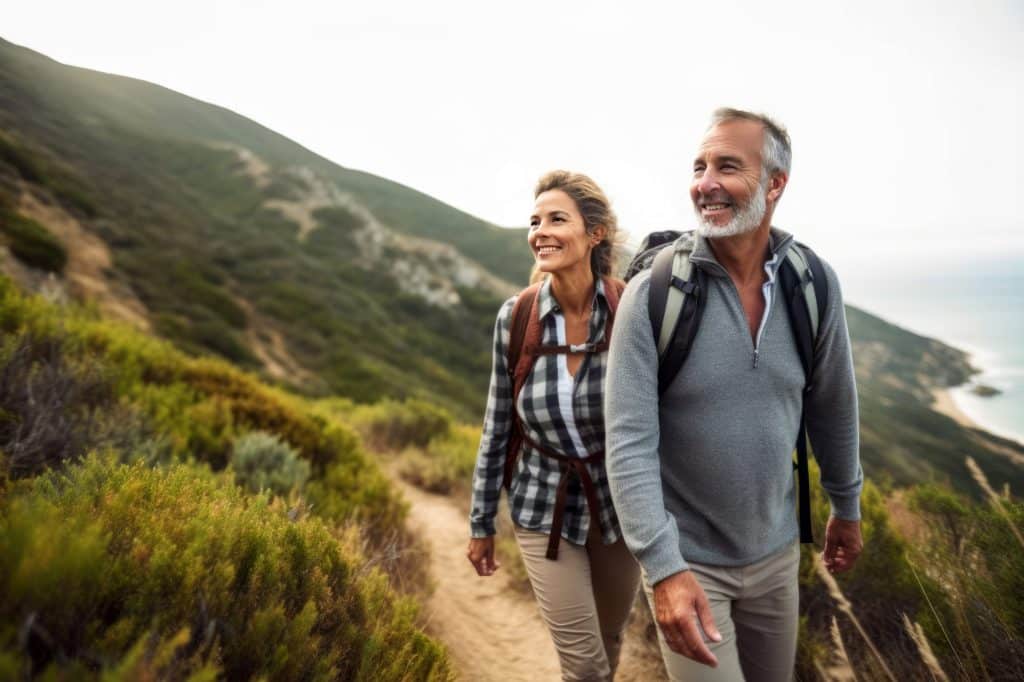 retirement friends hiking alongside lake