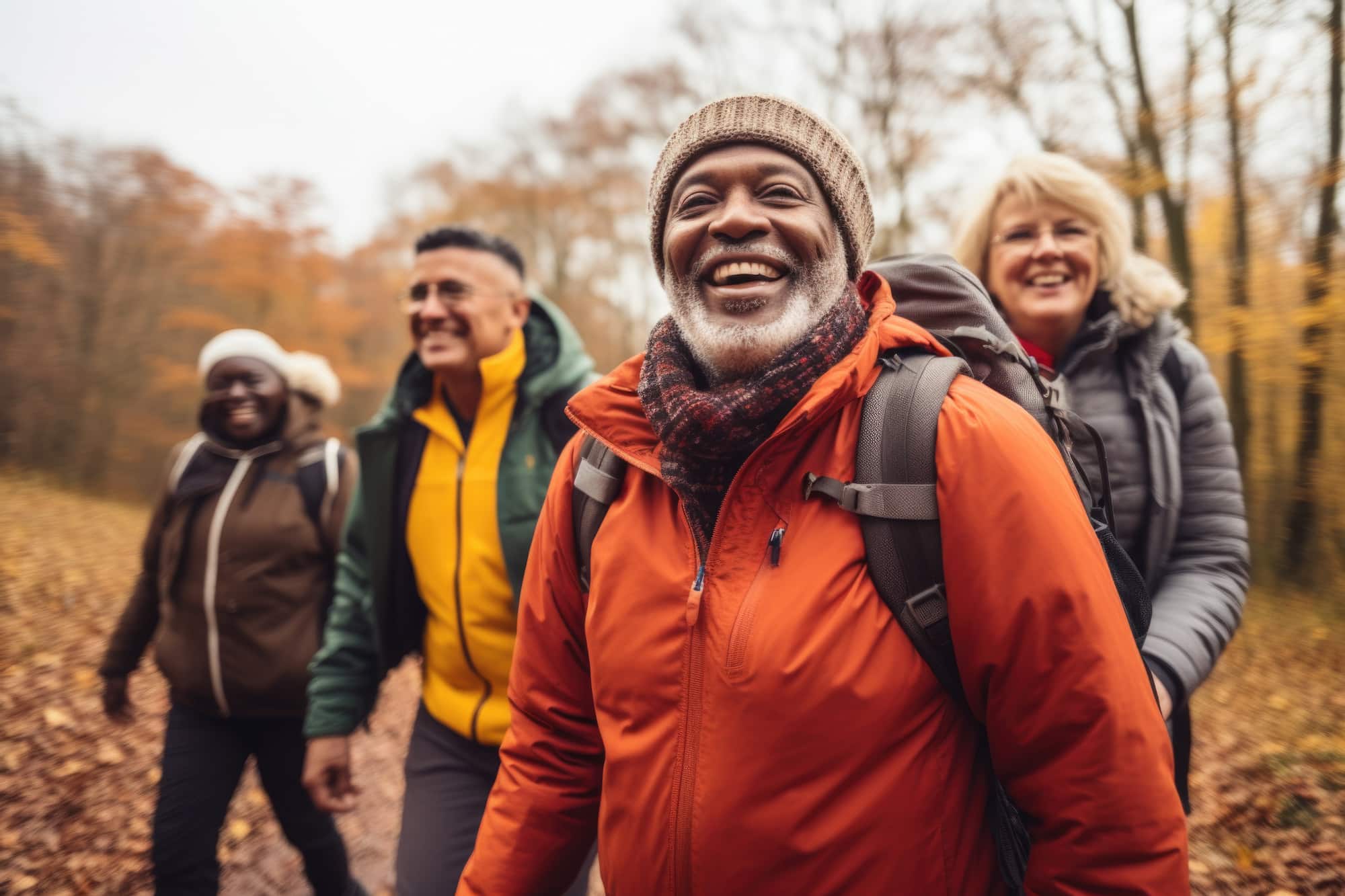 group of smiling hikers in fall weather