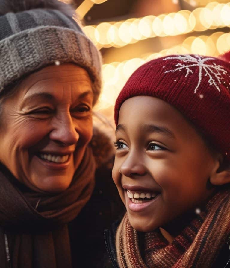 grandmother and grandson at holiday market