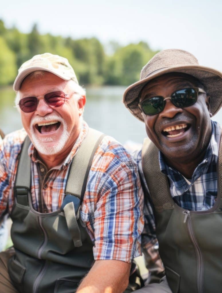 Two fishermen laughing