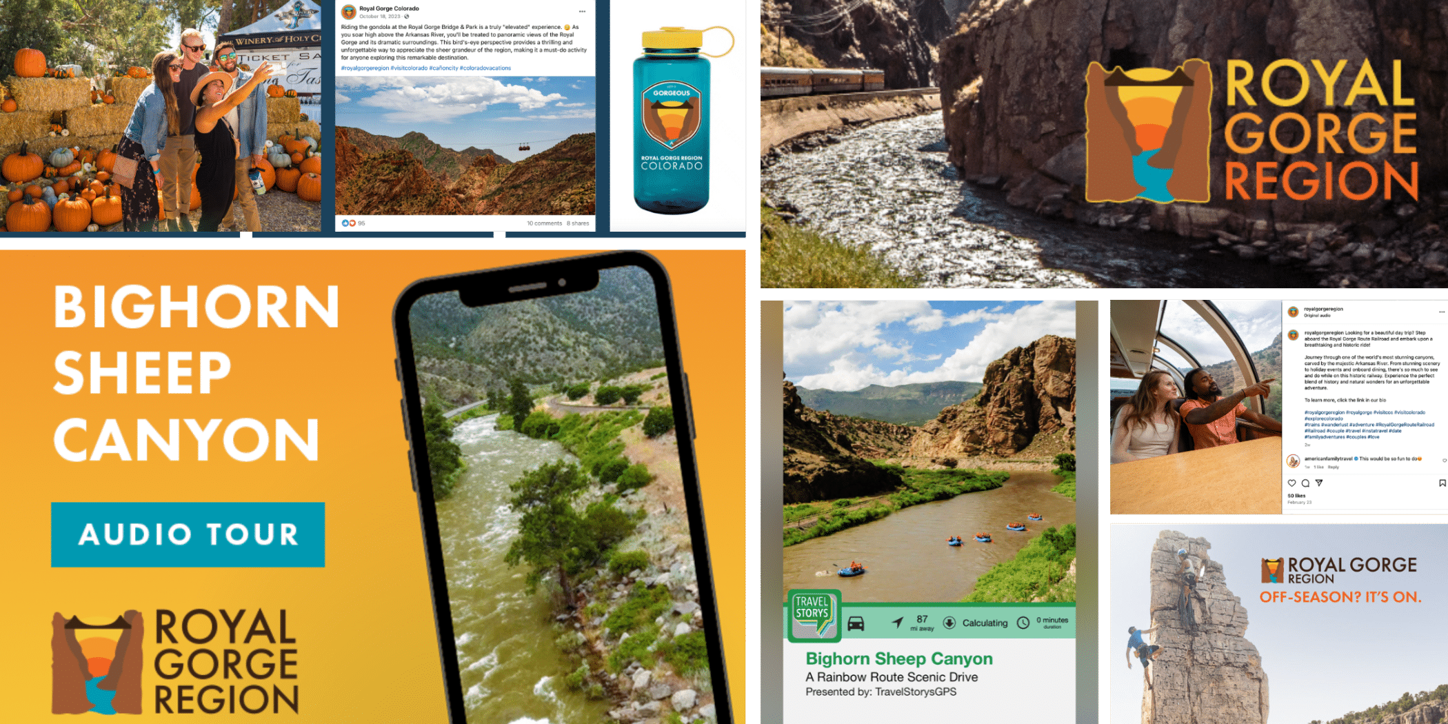 Collage of all print, social, and photography for the Royal Gorge Region